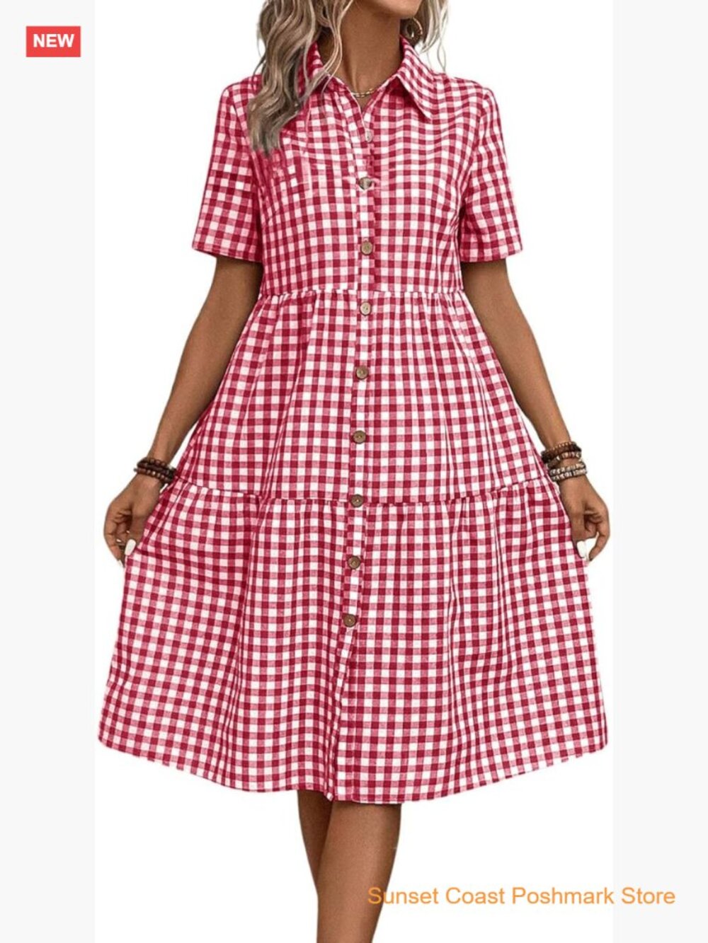 Women's Plaid Short Sleeve Button Down Shirt Dress Retro Gingham Tunic Midi